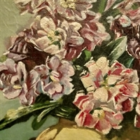 pastelfarvet blomster buket i vase, gammelt oliemaleri genbrug